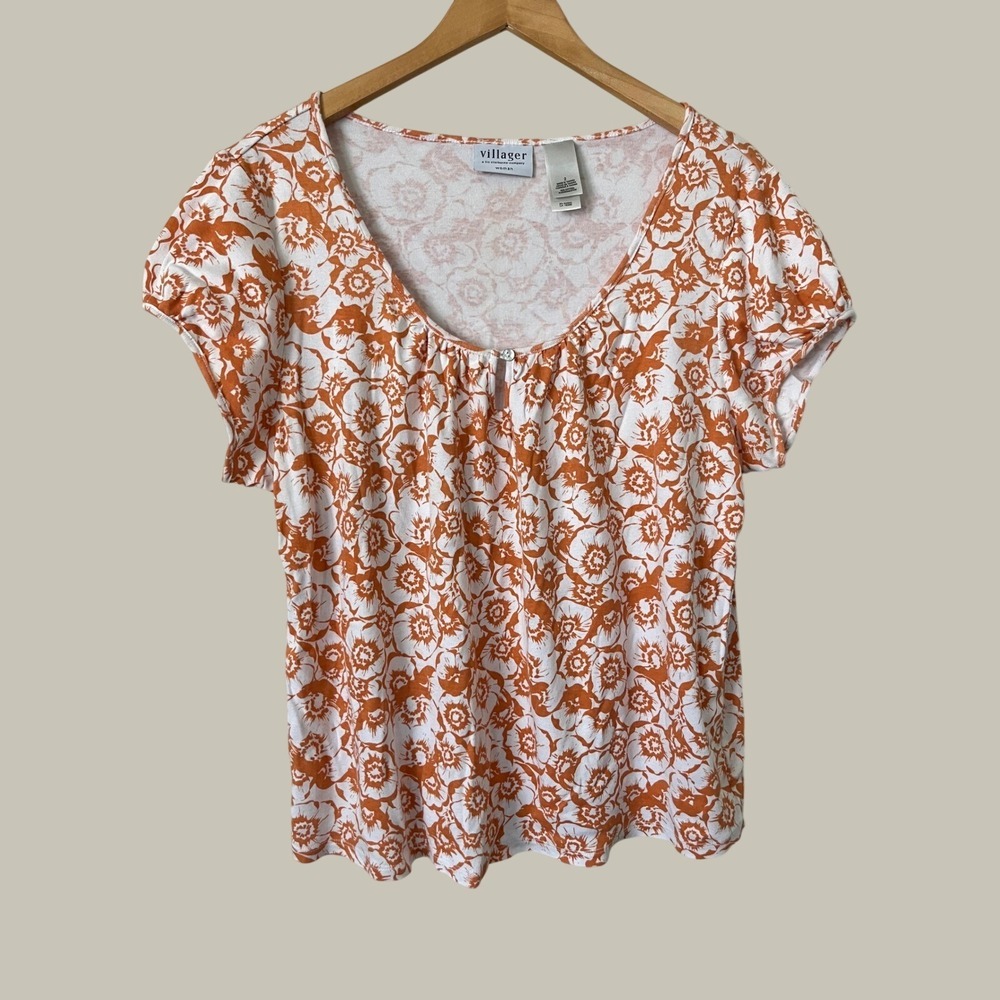 Villager Liz Claiborne Orange White Floral Cotton Scoop Neck Top Plus Size 2X